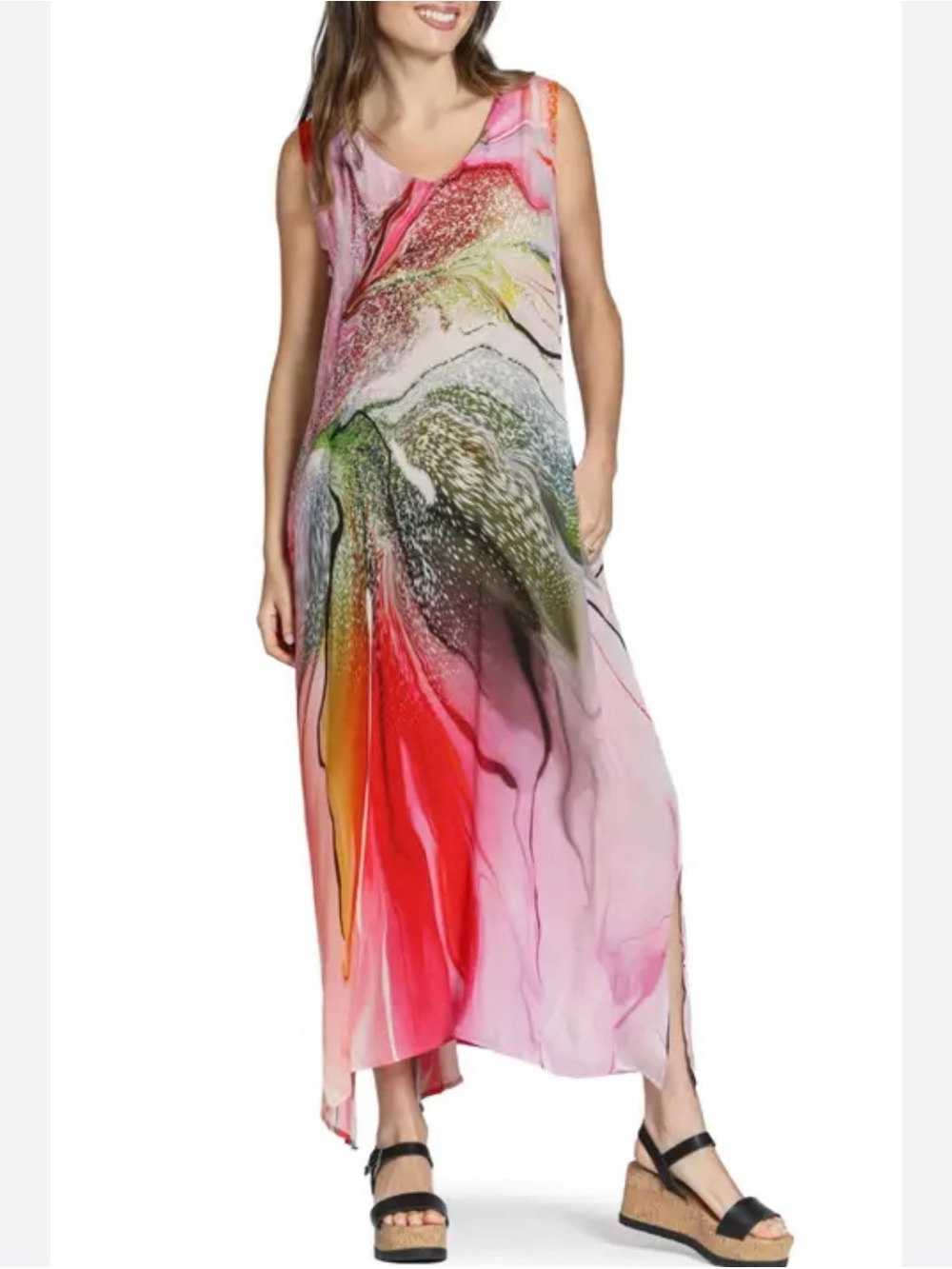 APNY Colorful Flowy Maxi Dress Women’s L Semi-Sheer w/ Pockets Beach Resort Boho
